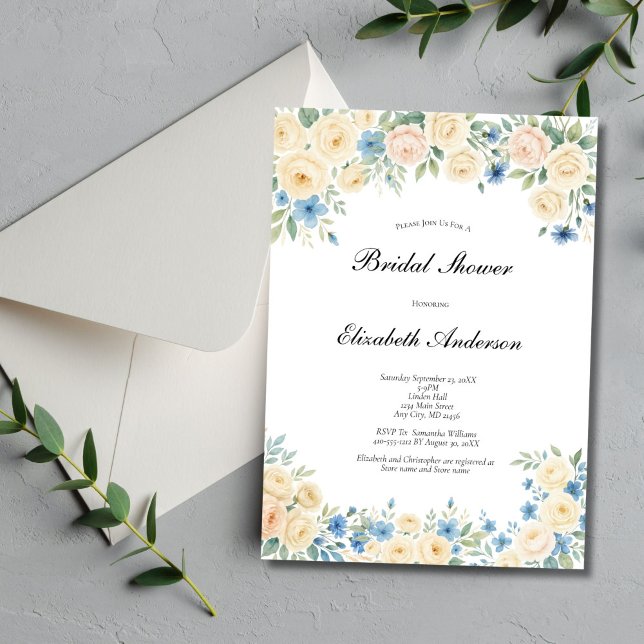 Invitation Fête des mariées florale à crème rose bleue (Cream Blush Pink and blue watercolor florals Bridal Shower invitation. Printed or Digital Download)