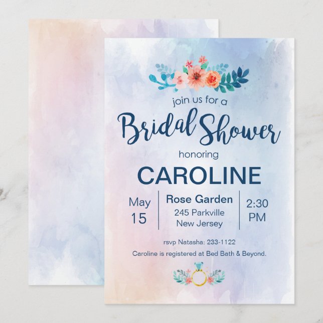 Invitation Fête des mariées florale aquarelle (Devant / Derrière)