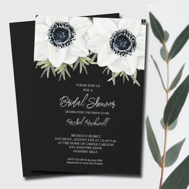 Invitation Fête des mariées florale aux anémones blancs noirs (Black White Flowers Bridal Shower Invitations - INSTANT DOWNLOAD and/or PRINTED)