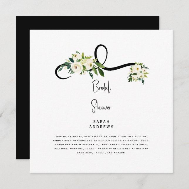 Invitation Fête des mariées Florale blanche Carré B/W (Devant / Derrière)