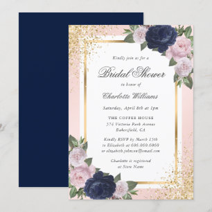 Invitation Fête des mariées florale bleu bleu bleu bleu or ro
