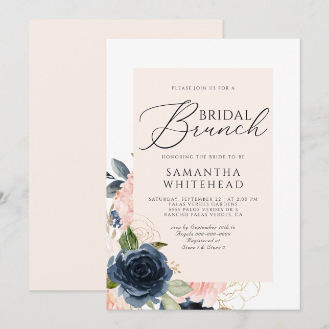 Invitation Fête des mariées florale bleu bleu marine (Devant / Derrière)