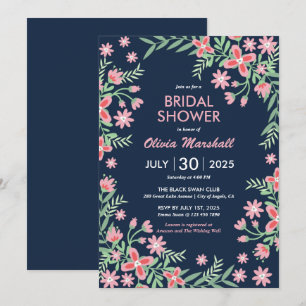 Invitation Fête des mariées florale bleu bleu rose marine