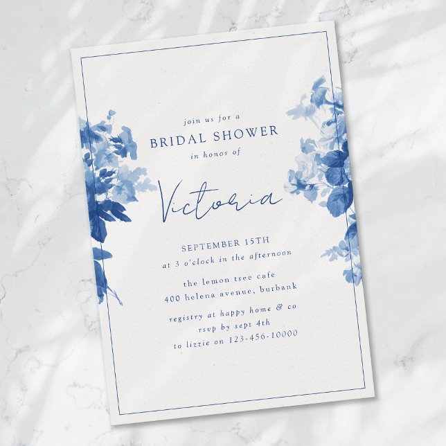 Invitation Fête des mariées florale bleu Chine (Créateur téléchargé)