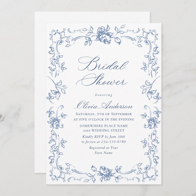 Invitation Fête des mariées Florale Bleu Dusty (Devant / Derrière)