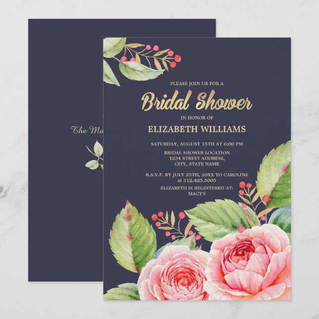 Invitation Fête des mariées florale bleu marine (Devant / Derrière)