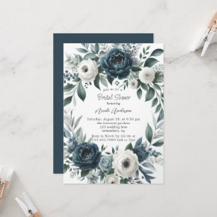 Invitation Fête des mariées florale bleu marine et argent ivo