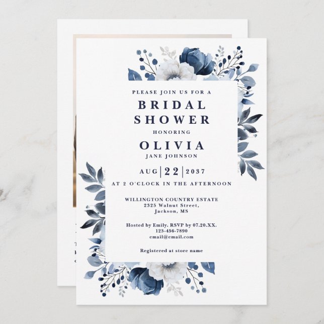 Invitation Fête des mariées florale bleu marine Photo QR Code (Devant / Derrière)