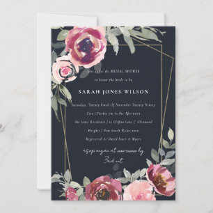 INVITATION FÊTE DES MARIÉES FLORALE BLEU NOIR ROSE