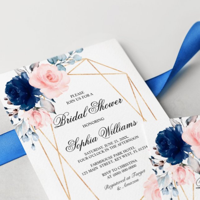 Invitation Fête des mariées florale bleu rose et bleu marine (Créateur téléchargé)