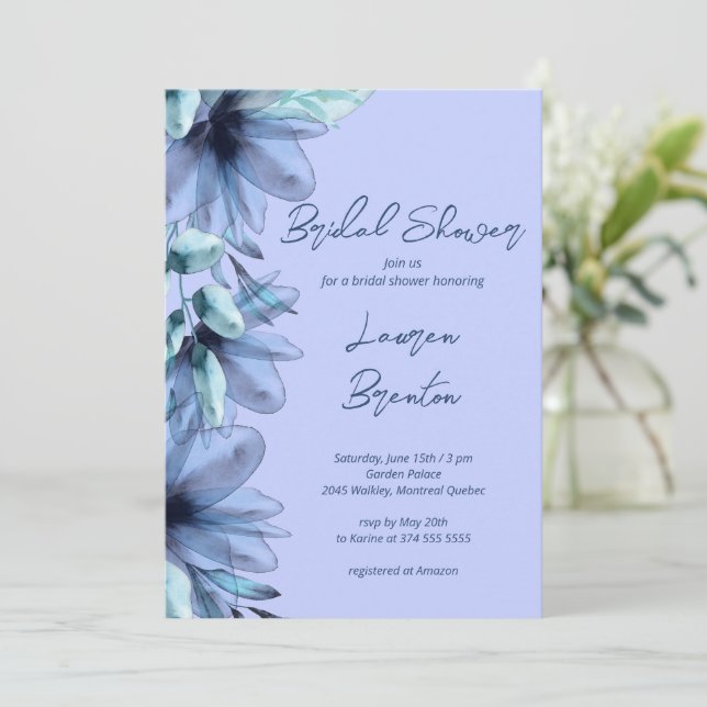 Invitation Fête des mariées florale bleu violet (Debout devant)