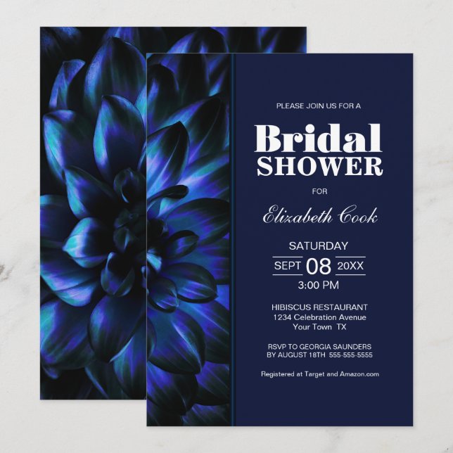 Invitation Fête des mariées florale bleue élégante (Devant / Derrière)