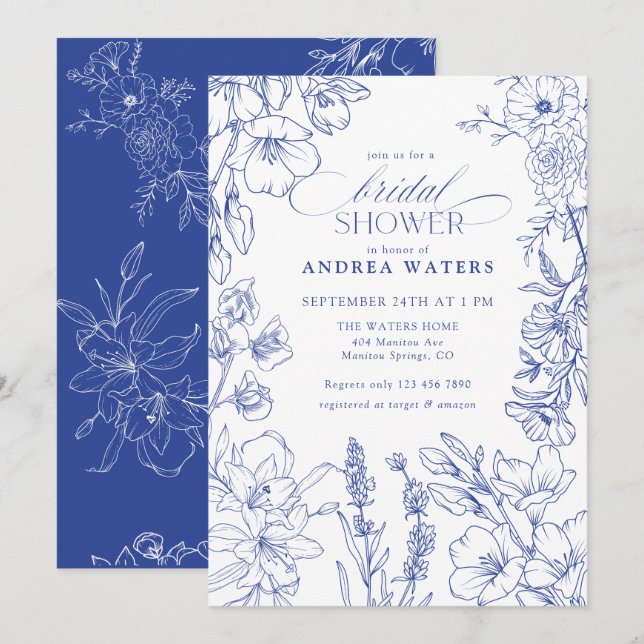 Invitation Fête des mariées florale bleue et blanche (Devant / Derrière)