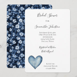 Invitation Fête des mariées florale Blue Denim Heart
