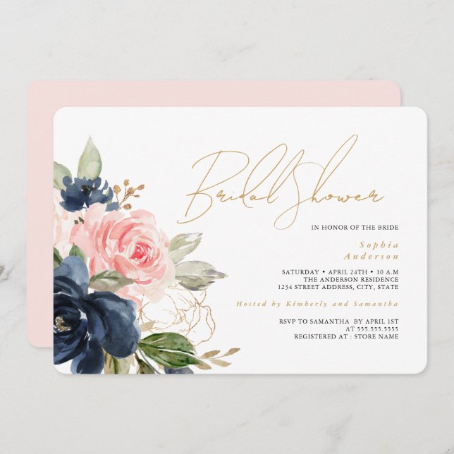 Invitation Fête des mariées florale Blush Gold Navy (Devant / Derrière)