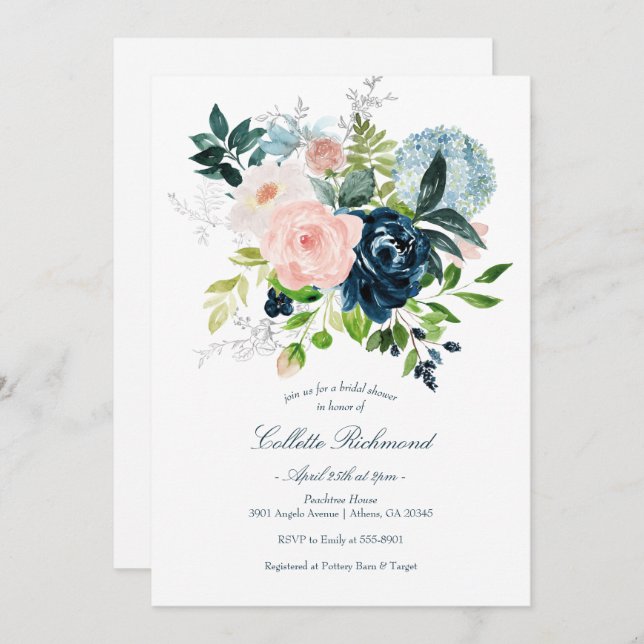 Invitation Fête des mariées florale Blush Navy (Devant / Derrière)
