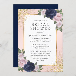 Invitation Fête des mariées florale Blush Pink Navy Blue Gold