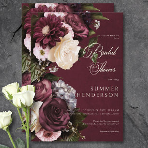 Invitation Fête des mariées florale bordeaux et crème foncée