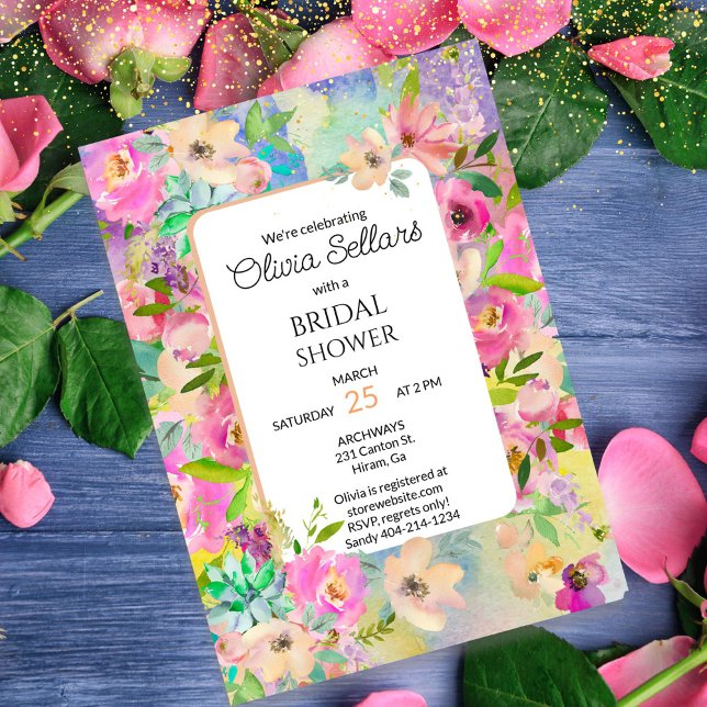 Invitation Fête des mariées florale brillante (Bright watercolor floral invite for a chic Boho Bridal Shower.)