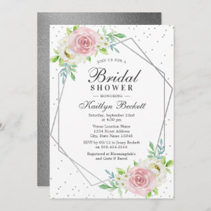 Invitation Fête des mariées florale chic géométrique en argen