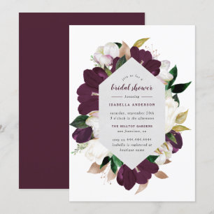 Invitation Fête des mariées florale classique or et prune pou
