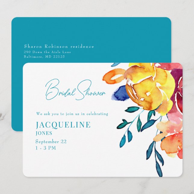 Invitation Fête des mariées florale couleur rétro Turquoise (Devant / Derrière)