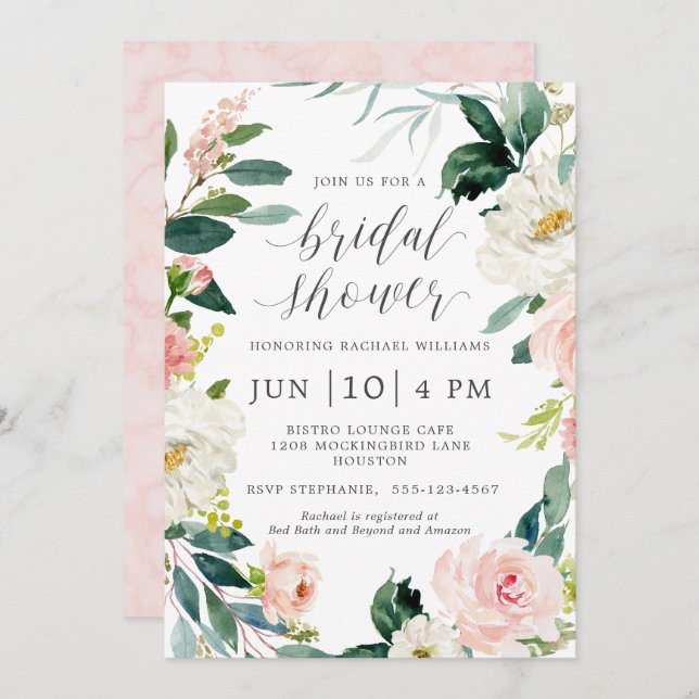 Invitation Fête des mariées florale d'aquarelle (Devant / Derrière)