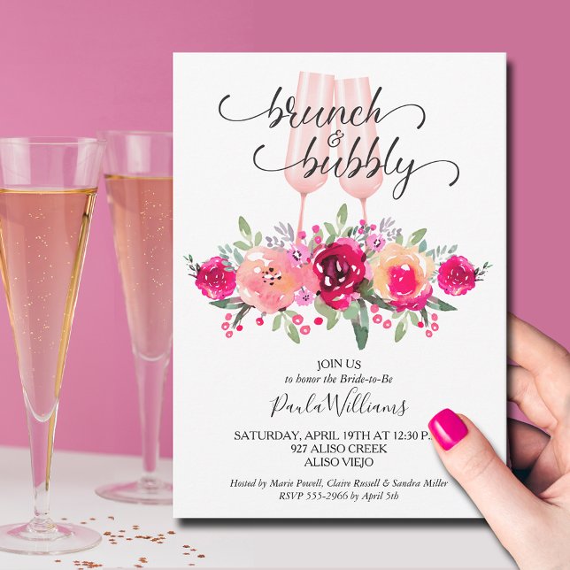 Invitation Fête des mariées florale de Brunch et Bubby (Brunch and Bubbly champagne flutes and floral bridal shower invitations)