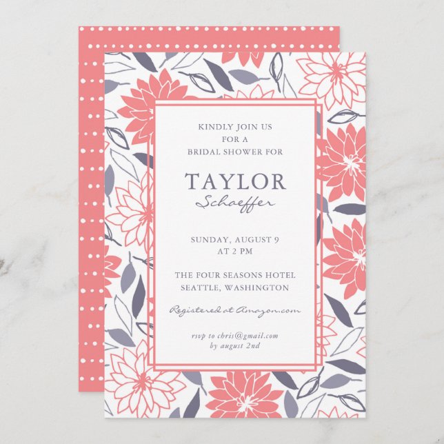 Invitation Fête des mariées florale de Dahlias (Devant / Derrière)