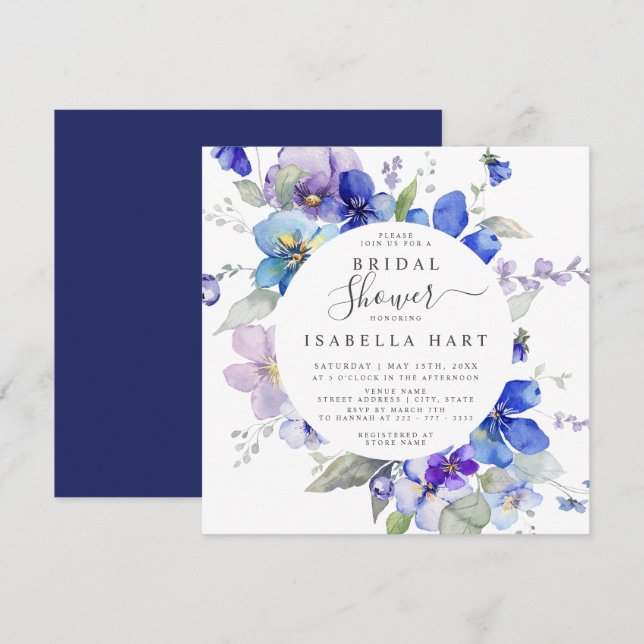 Invitation Fête des mariées florale de printemps violet bleu  (Devant / Derrière)