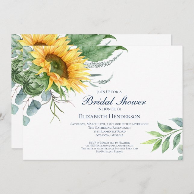 Invitation Fête des mariées florale de tournesol d'aquarelle (Devant / Derrière)