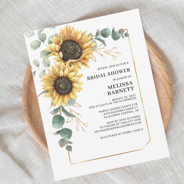 Invitation Fête des mariées florale de tournesol Eucalyptus (Botanical Floral Sunflower Eucalyptus Script First Last Name Bridal Shower Invitation)