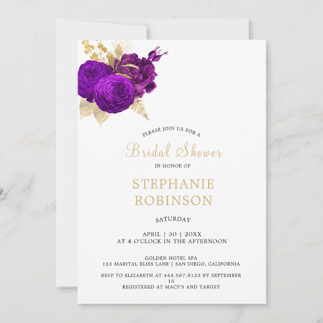 Invitation Fête des mariées Florale d'or pourpre (Devant)