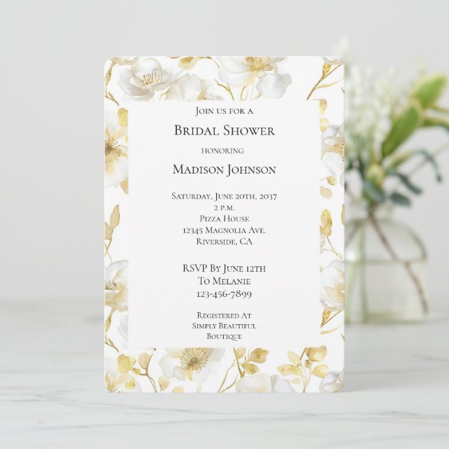 Invitation Fête des mariées florale dorée romantique blanche (Debout devant)