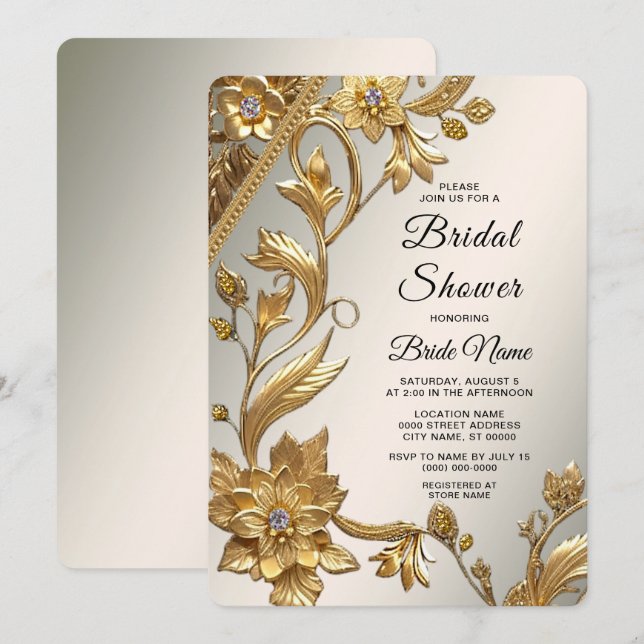 Invitation Fête des mariées florale Feuille Golden Wavy (Devant / Derrière)