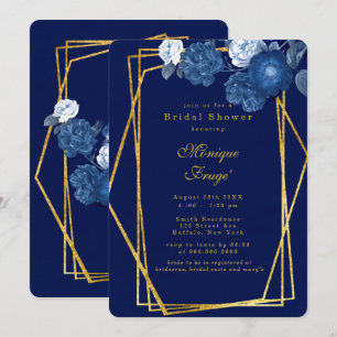 Invitation Fête des mariées florale géométrique bleue et or