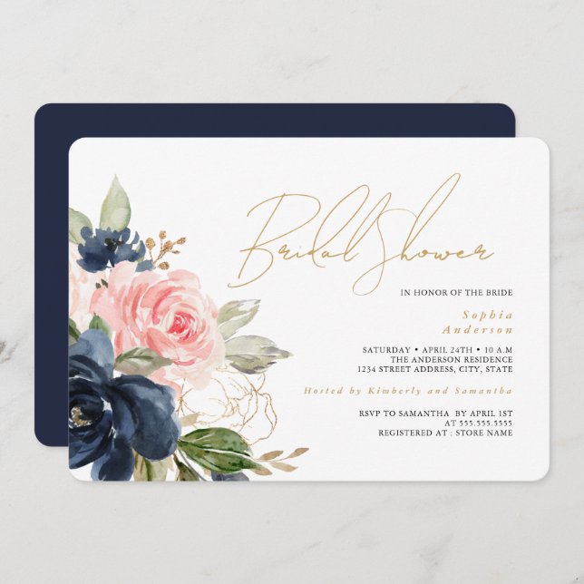 Invitation Fête des mariées florale Gold Blush Navy (Devant / Derrière)