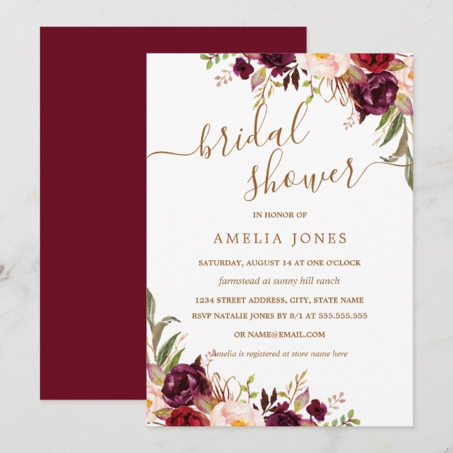 Invitation Fête des mariées Florale Gold Burgundy Confetti (Devant / Derrière)