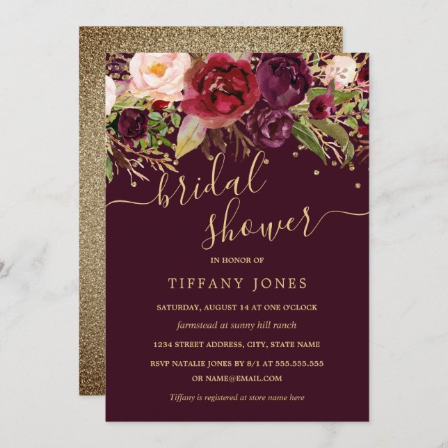 Invitation Fête des mariées Florale Gold Burgundy Confetti (Devant / Derrière)