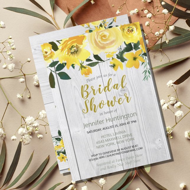 Invitation Fête des mariées Florale Jaune Rustique (Rustic Barnwood Yellow Floral Bridal Shower Invitation
)