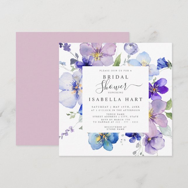 Invitation Fête des mariées florale Lilac Blush Mauve Pansy V (Devant / Derrière)