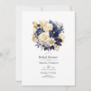 Invitation Fête des mariées florale marine, blanche et or