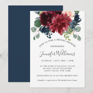 Invitation Fête des mariées florale marine et bordeaux