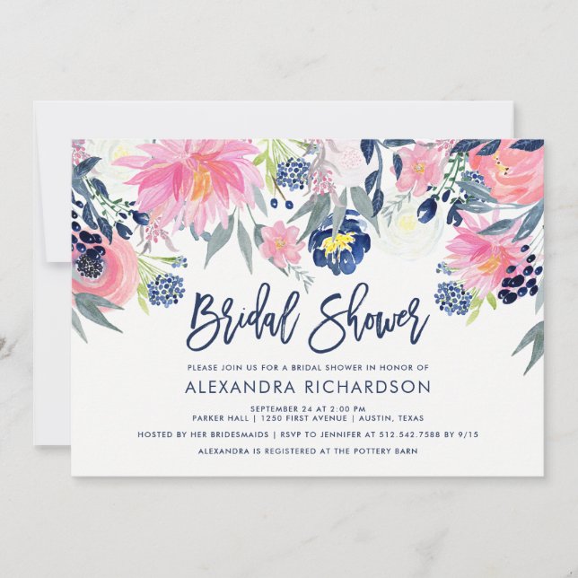 Invitation Fête des mariées florale moderne Blush et Navy (Devant)