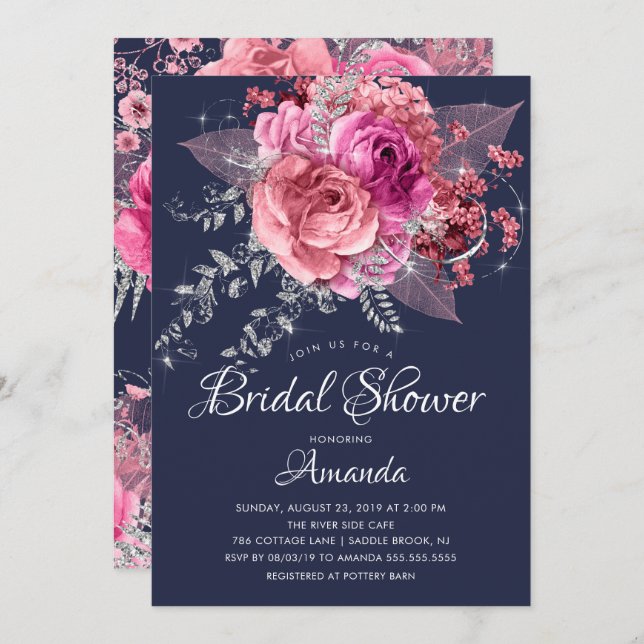 Invitation Fête des mariées florale moderne Marine rose et ar (Devant / Derrière)