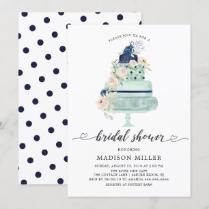 Invitation Fête des mariées florale moderne Mint Navy & Blush