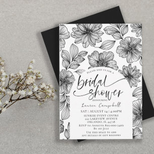 Invitation Fête des mariées florale moderne noir et blanc