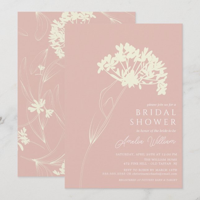 Invitation Fête des mariées florale moderne rose & crème (Devant / Derrière)