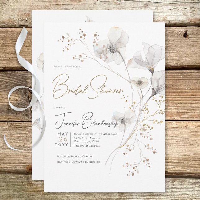 Invitation Fête des mariées florale moderne White Grey & Gold (Modern White Gray & Gold Floral Bridal Shower Invitation)