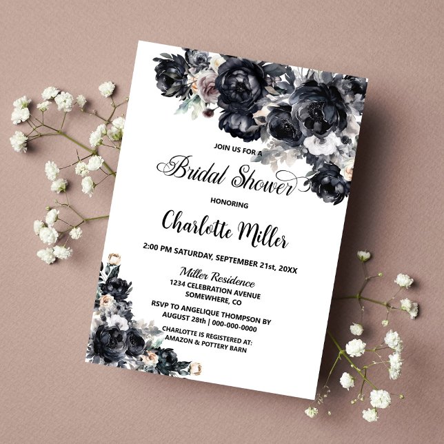 Invitation Fête des mariées florale noire (Créateur téléchargé)